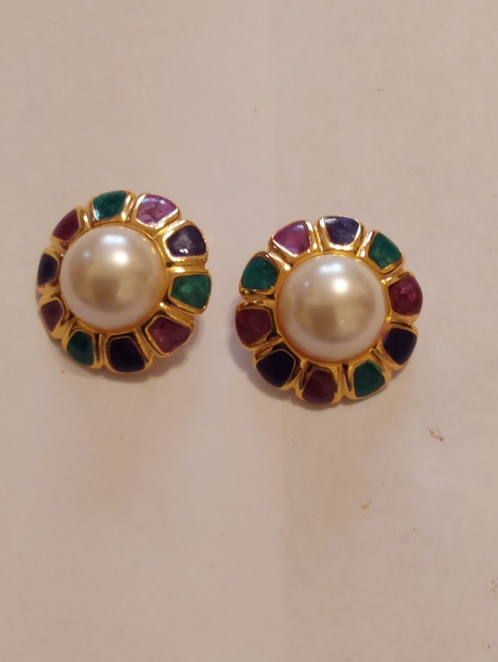 Vintage Anne Klein 1980s Clip-on Earrings, Faux Pearl Goldtone Design